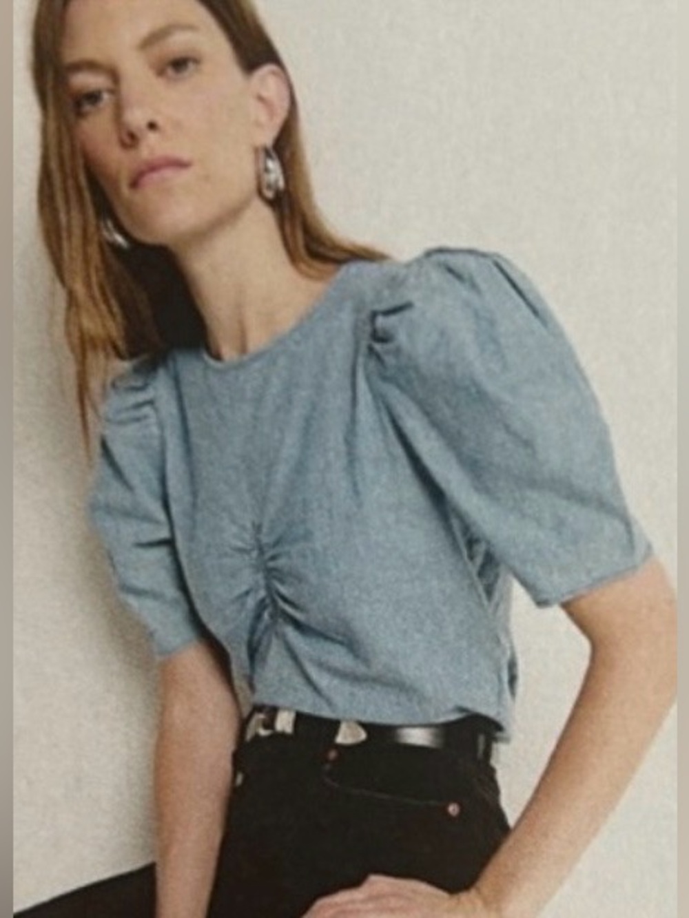 Anthropologie Nation LA Light Denim Blue Ruched Front Blouse XXL